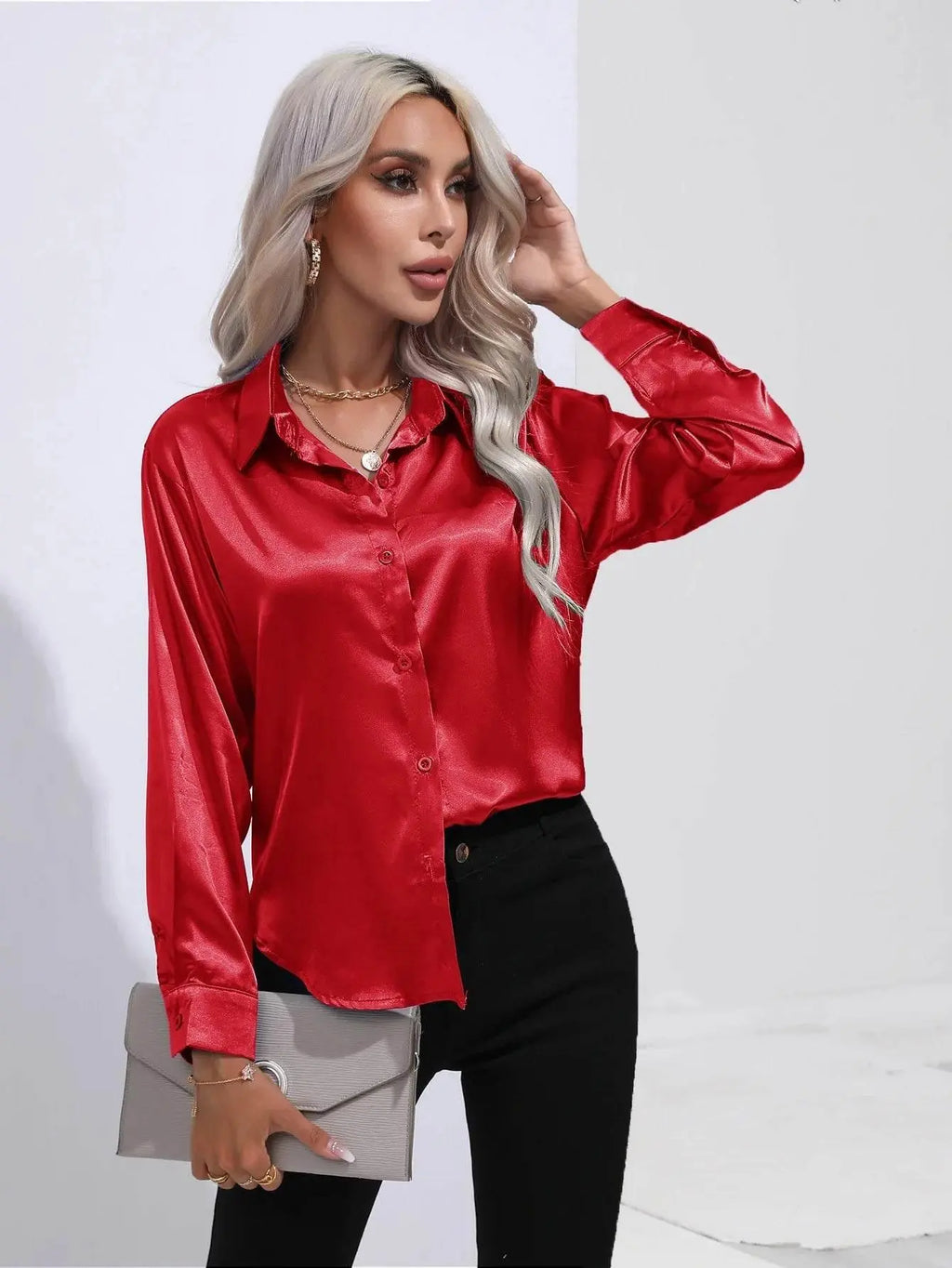 Spring Satin Shirt Women Loose Button Up Blouse Shirt Ladies Imitation Silk Long Sleeve Shirt For Women - ACHETE LTD