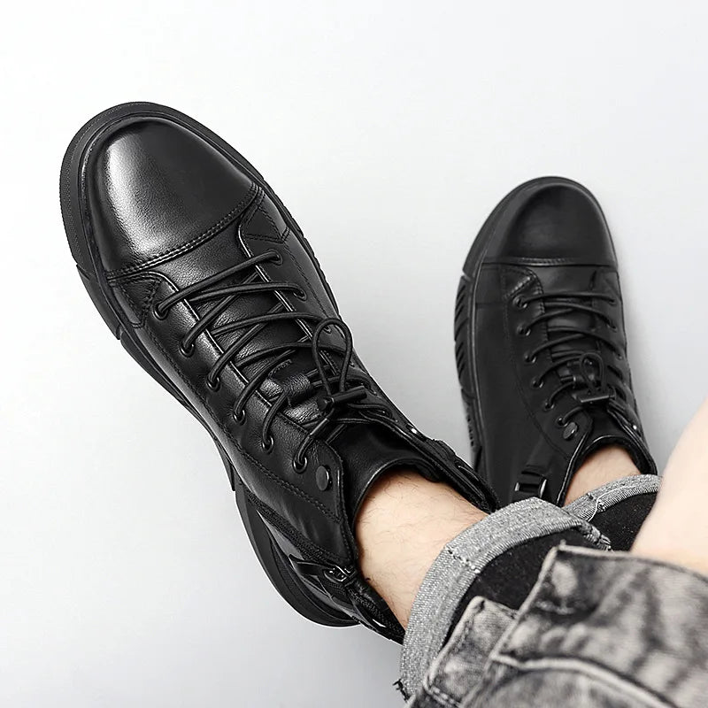 2022 Fashion Men's Ankle Boots - Black PU Leather, Comfortable High-top Casual Shoes with Platform