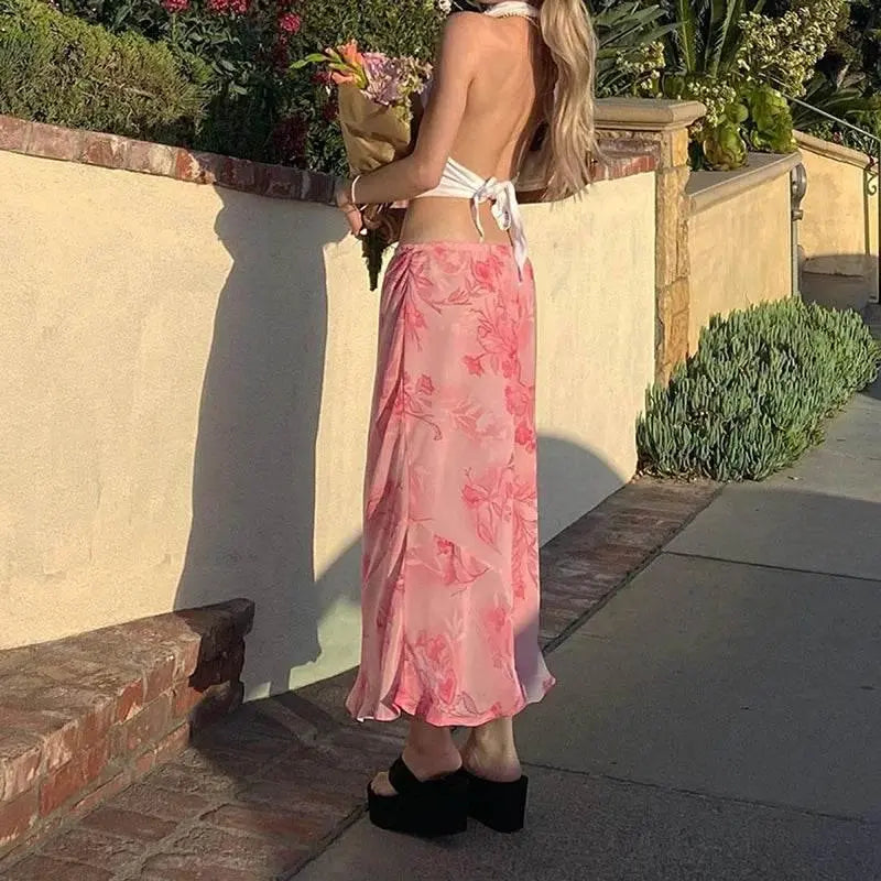 Women Retro Floral Print Skirts Bohemian Elastic Waist Straight Long Skirts Fairy Grunge Holiday Skirts - ACHETE LTD