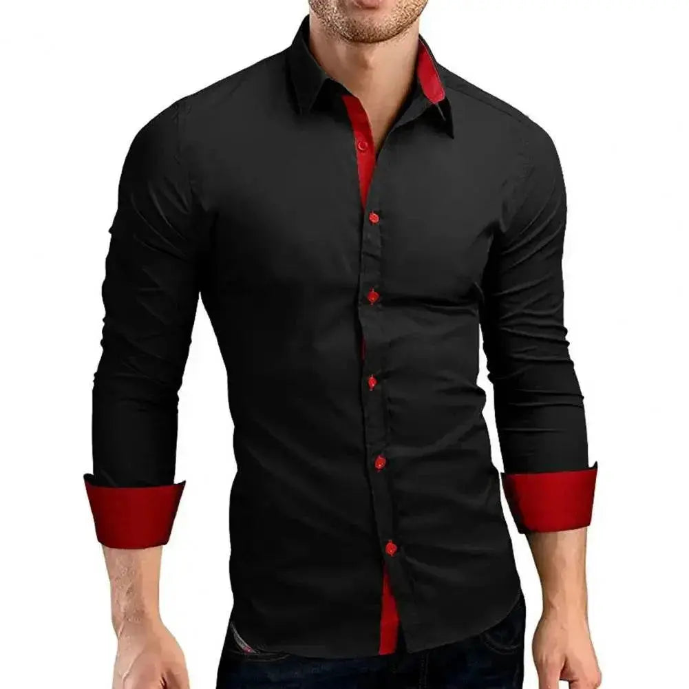 Business Dress Men Shirt Contrast Color Single-breasted Turn-down Collar Bright White Male Shirt for Work - ACHETE LTD