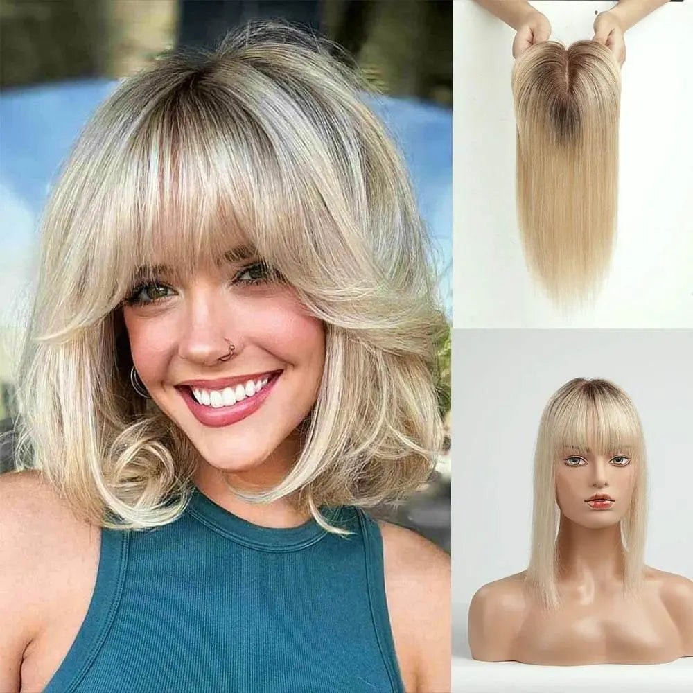 Human Hair Toppers Silk Base Blonde Ombre Dark Root Remy Human Hair Extensions Hairpieces for White Women 10/14 inch Human Hair - ACHETE LTD