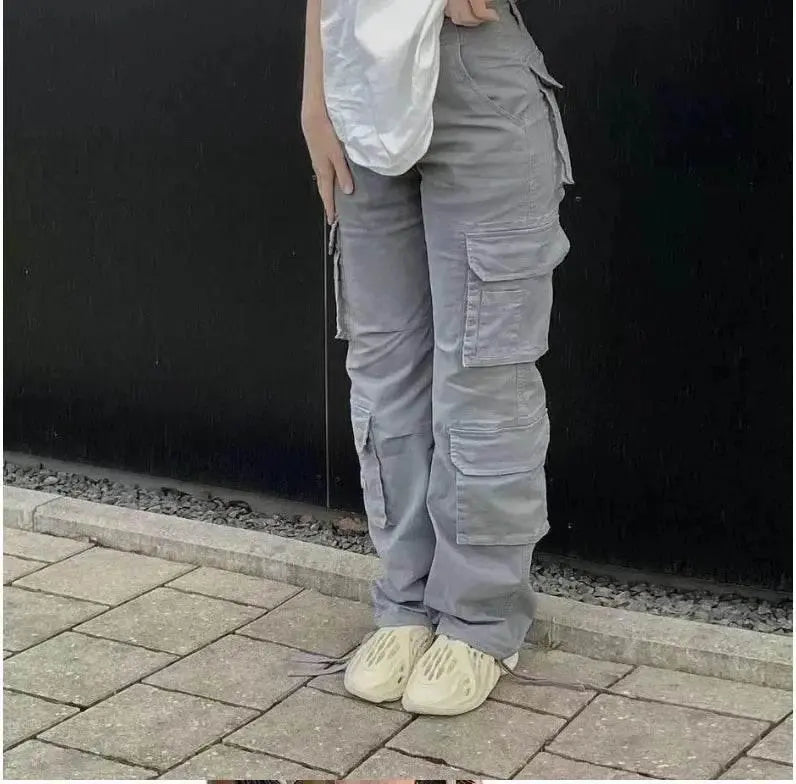 Autumn/Winter New Womens Cargo Straight Trousers High Waist Loose Wide Leg Vintage Dad Jeans for Women - ACHETE LTD