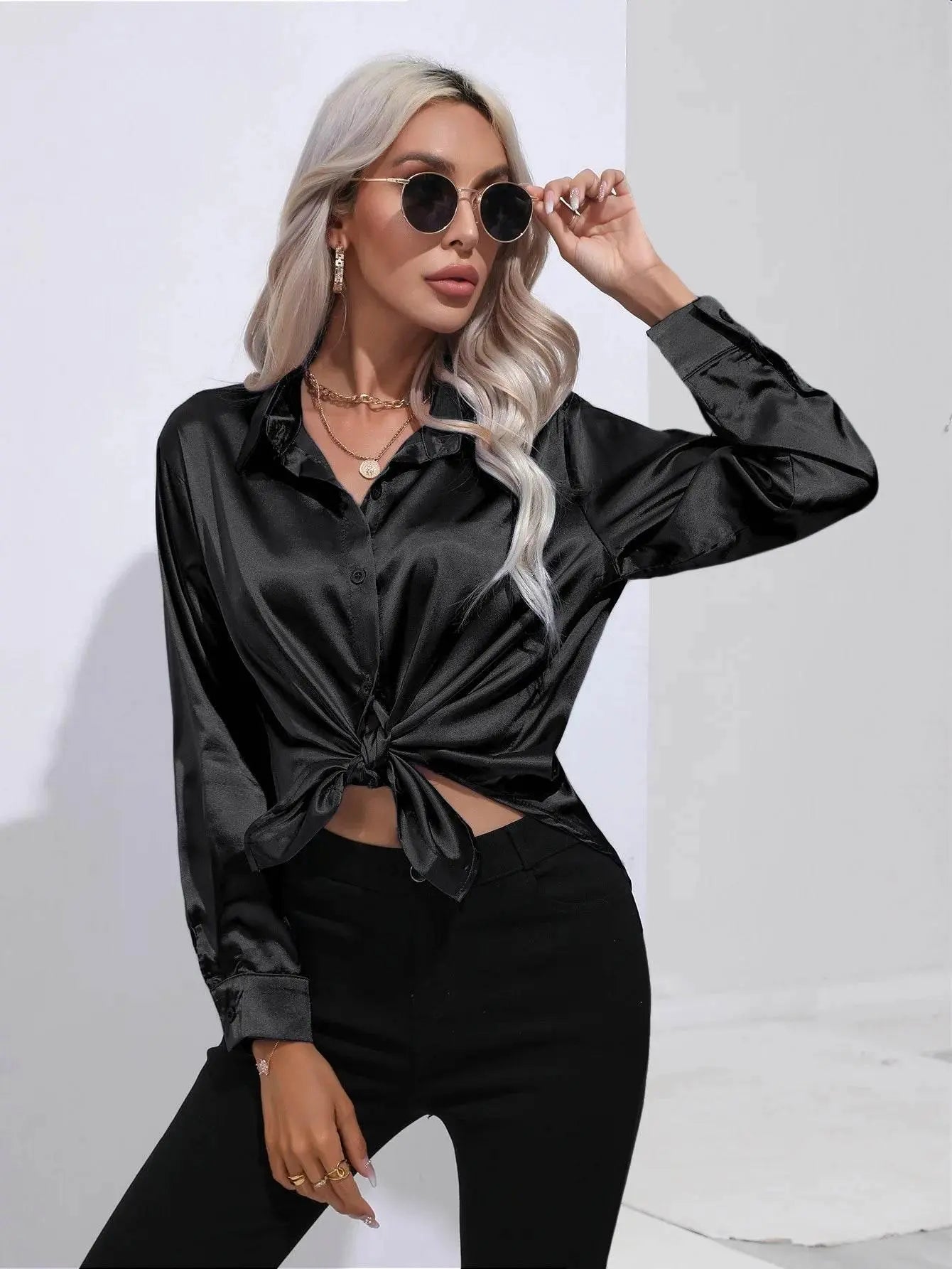 Spring Satin Shirt Women Loose Button Up Blouse Shirt Ladies Imitation Silk Long Sleeve Shirt For Women - ACHETE LTD