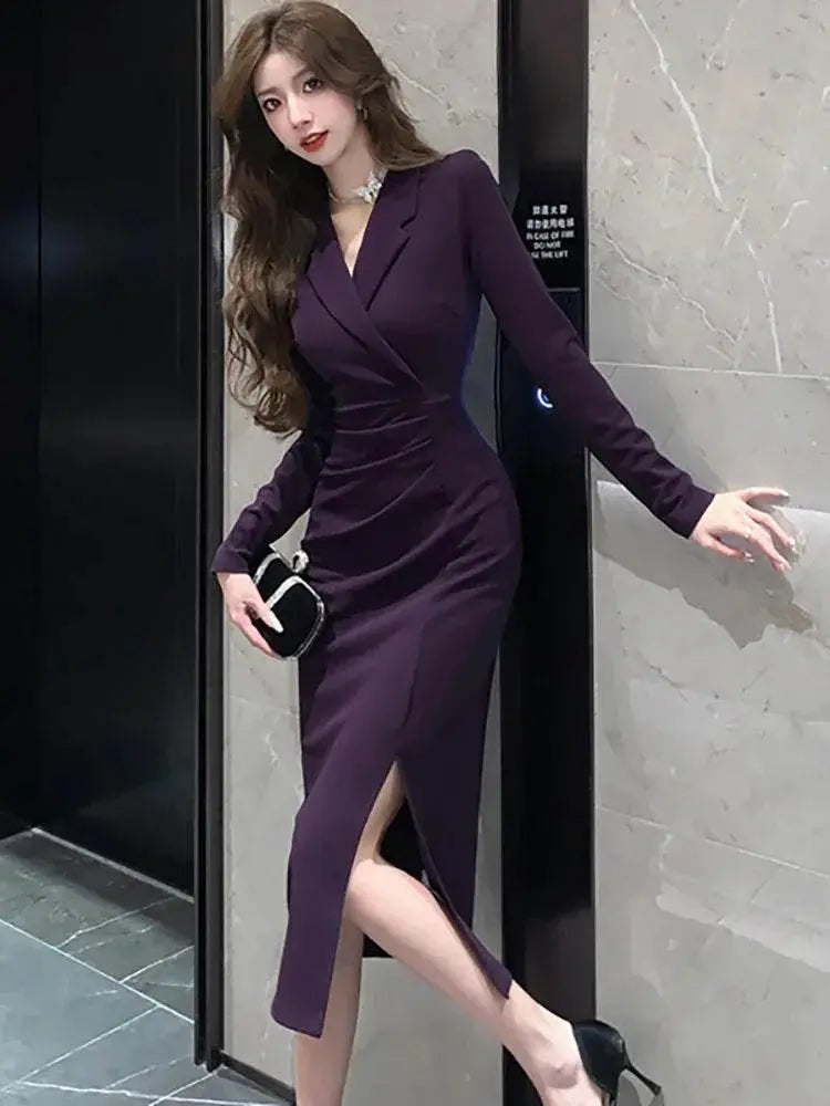 Purpled Elegant Pleated Bodycon Suit Dress for Women 2024 Korean Fashion Formal Dress Autumn Winter Chic Bespoke Occasion Dress - ACHETE LTD