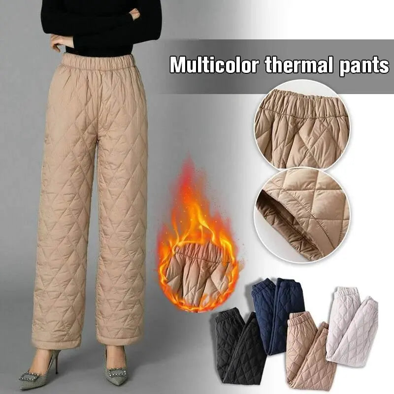 Women Winter Warm Down Cotton Pants Padded Quilted Trousers Elastic Waist Casual Trousers - ACHETE LTD
