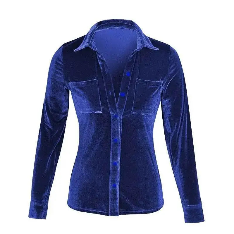 Shirt for Women 2023 Autumn Velvet Shirt Women Button Up Velour Shirt Ladies Pocket Winter Long Sleeve рубашка оверсайз женская - ACHETE LTD
