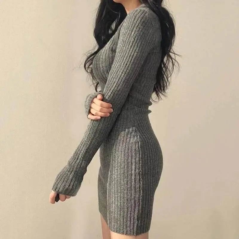 Women Knit Slim Sexy Bodycon Dress V-Neck Long Sleeve Dress Solid Casual Midi Sweater Dress For Women 2024 Autumn Winter - ACHETE LTD