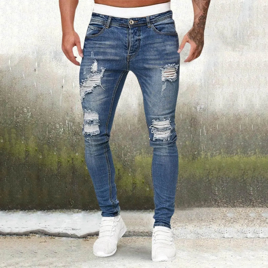 Men'S Casual Hip Hop Sports High Stretch Tight Wash Polished White Ripped Fit Zipper Jean Pants Business Stretch Men'S Jeans - ACHETE LTD