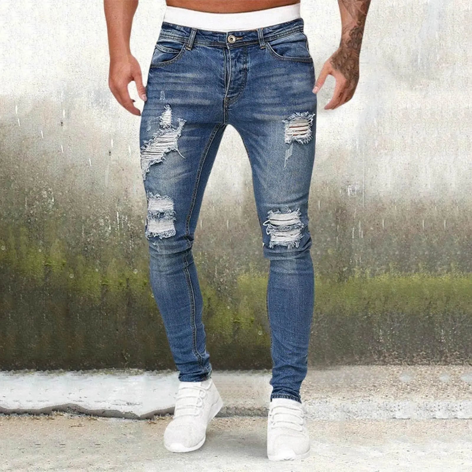 Men'S Casual Hip Hop Sports High Stretch Tight Wash Polished White Ripped Fit Zipper Jean Pants Business Stretch Men'S Jeans - ACHETE LTD