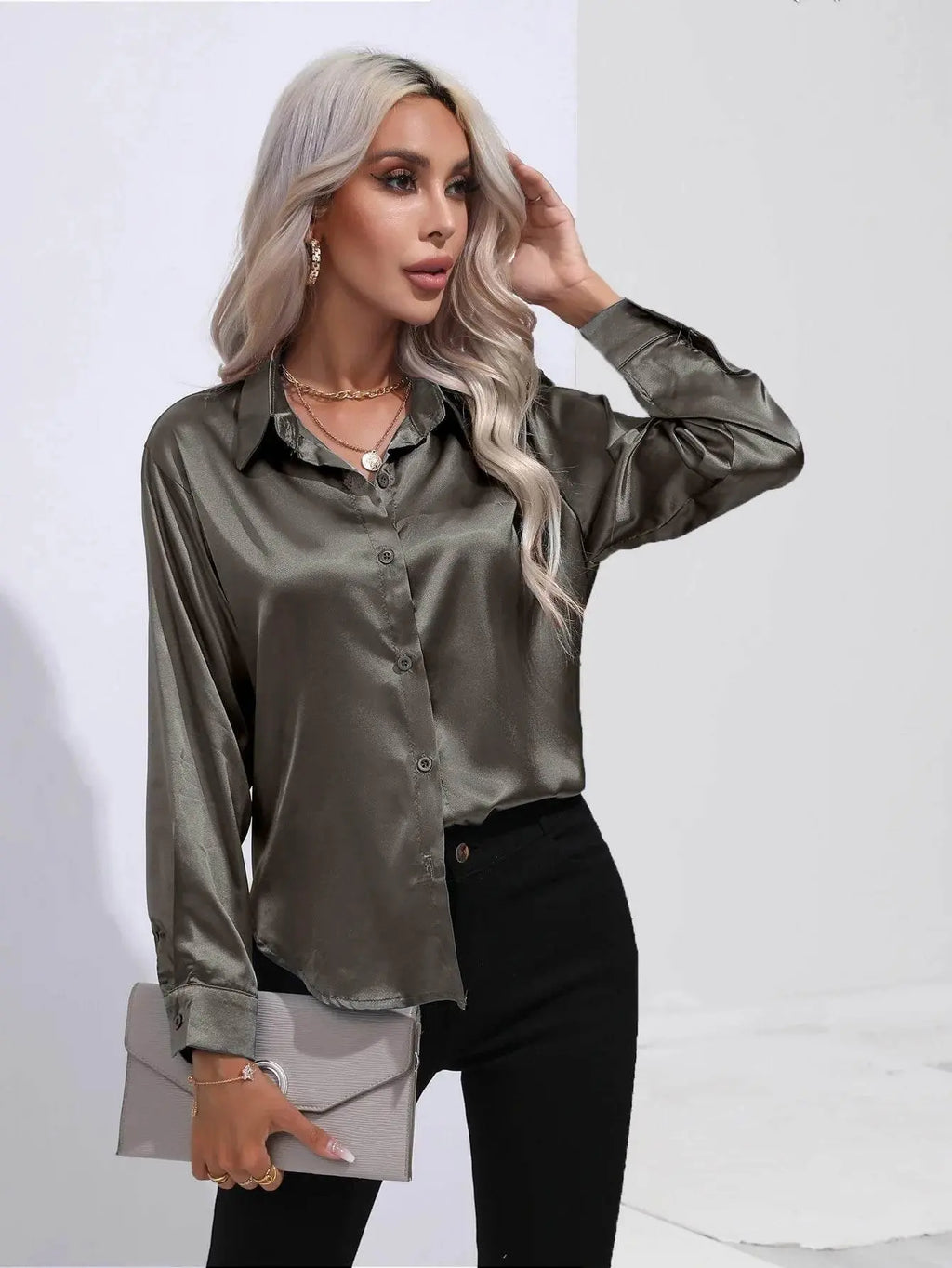 Spring Satin Shirt Women Loose Button Up Blouse Shirt Ladies Imitation Silk Long Sleeve Shirt For Women - ACHETE LTD