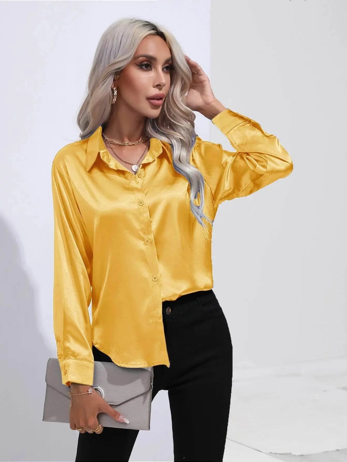 Spring Satin Shirt Women Loose Button Up Blouse Shirt Ladies Imitation Silk Long Sleeve Shirt For Women - ACHETE LTD
