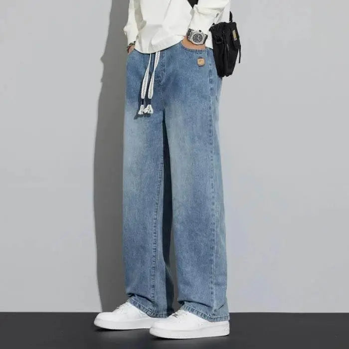 Men's regular fit straight leg jeans casual drawstring elastic waist denim pants lightweight carpenter Jean - ACHETE LTD