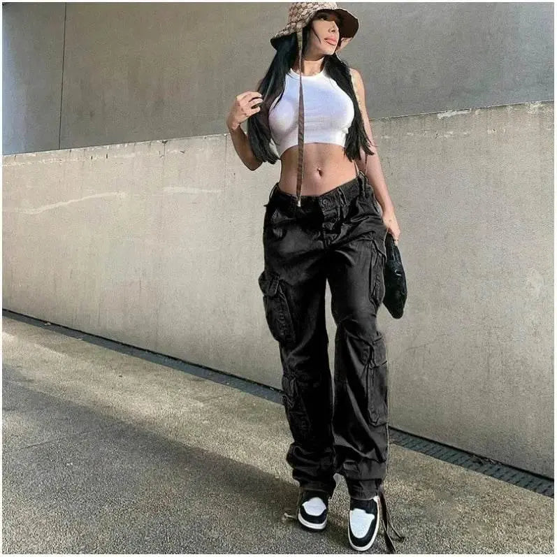 Autumn/Winter New Womens Cargo Straight Trousers High Waist Loose Wide Leg Vintage Dad Jeans for Women - ACHETE LTD