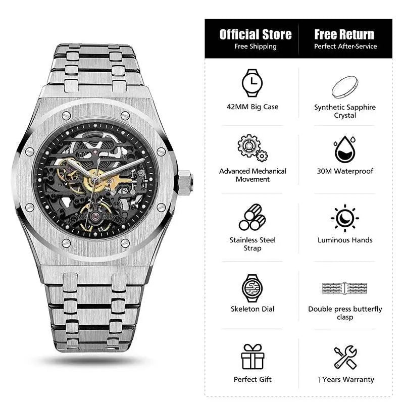 FEICE Automatic Mechanical Luxury Watch Men Top Brand Stainless Steel Watch Luminous Waterproof Watch for Men feice Skeleton 019 - ACHETE LTD