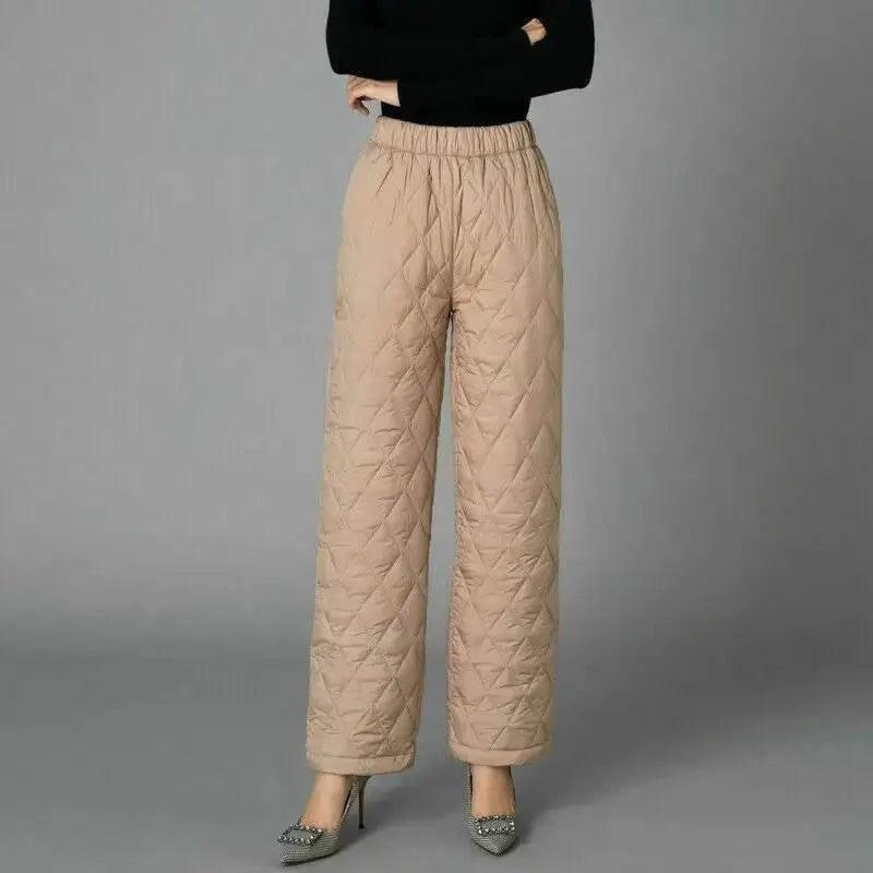 Women Winter Warm Down Cotton Pants Padded Quilted Trousers Elastic Waist Casual Trousers - ACHETE LTD