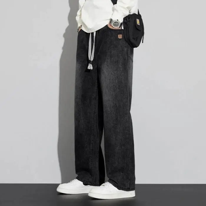 Men's regular fit straight leg jeans casual drawstring elastic waist denim pants lightweight carpenter Jean - ACHETE LTD