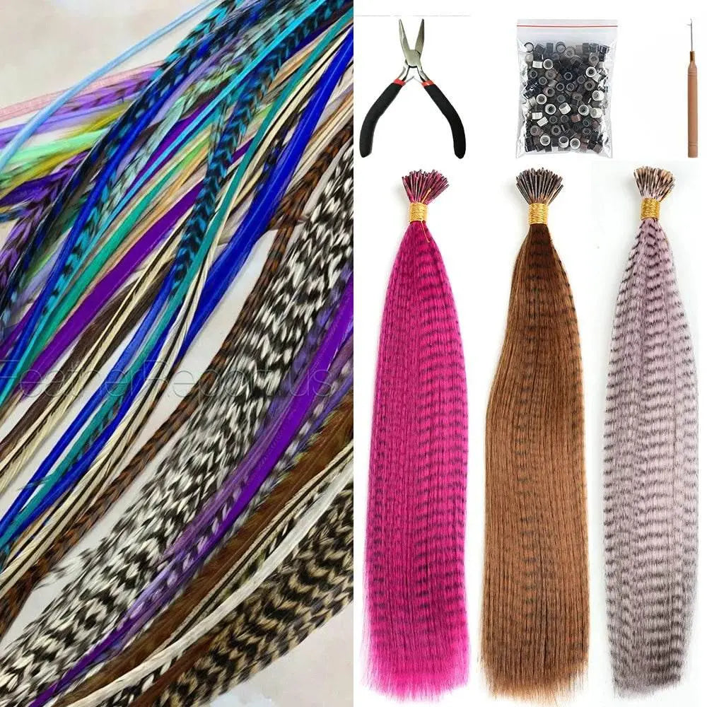 AZQUEEN Feather Hair Extension 10Pieces Fake Hair I Tip Rainbow Synthetic Hair 16inch Hairpiece Feather for Hair Extension - ACHETE LTD