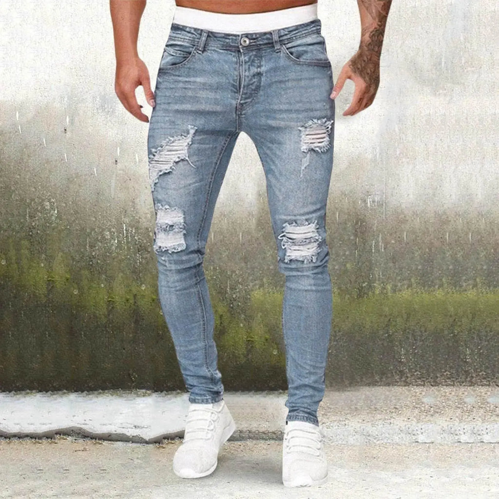 Men'S Casual Hip Hop Sports High Stretch Tight Wash Polished White Ripped Fit Zipper Jean Pants Business Stretch Men'S Jeans - ACHETE LTD