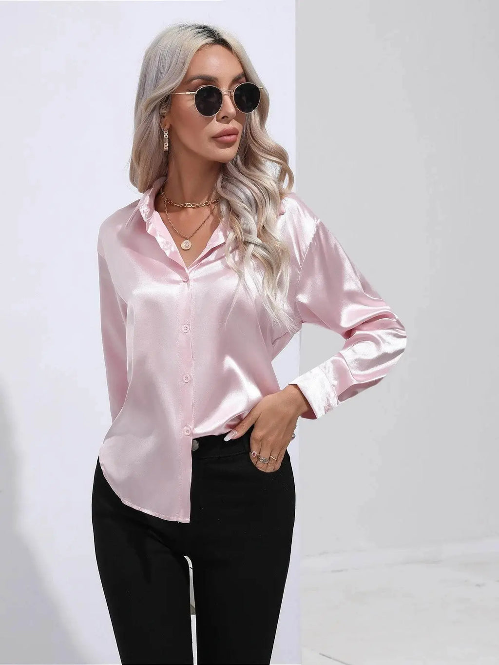 Spring Satin Shirt Women Loose Button Up Blouse Shirt Ladies Imitation Silk Long Sleeve Shirt For Women - ACHETE LTD