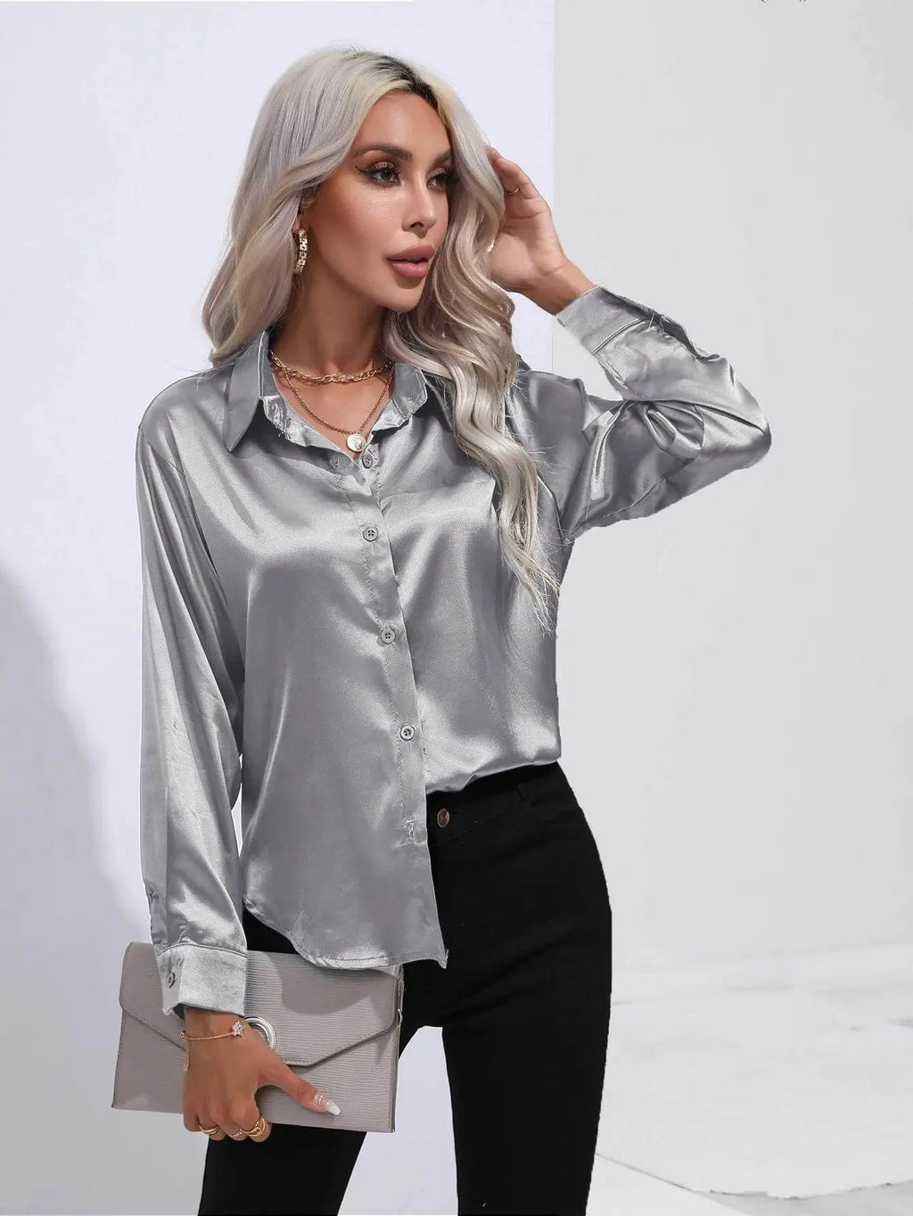 Spring Satin Shirt Women Loose Button Up Blouse Shirt Ladies Imitation Silk Long Sleeve Shirt For Women - ACHETE LTD