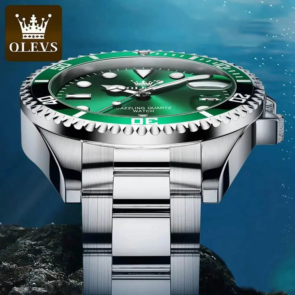 OLEVS Men Watch Diver Green Waterproof Watch for Men Stainless Steel Quartz Men Luxury Watch Luminous - ACHETE LTD