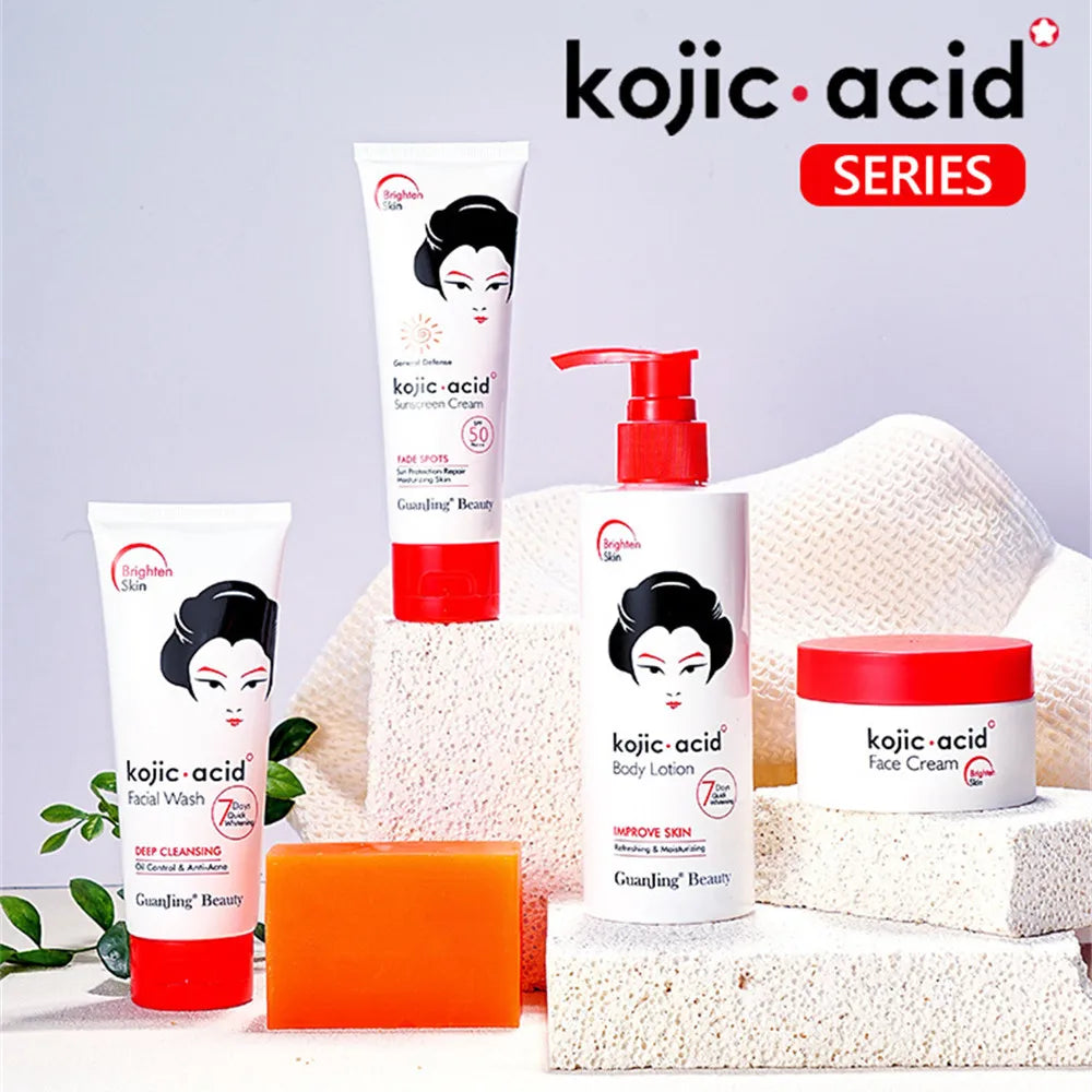 Kojic Acid Skin Care Set 7 Day Whitening Freckle Removing Facial Wash Face Cream Sunscreen Soap Body Cream SkinCare Kit