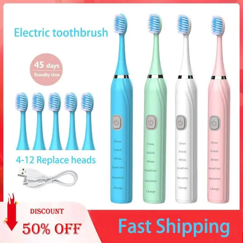 Sonic Electric Toothbrush Cleaning Brush For Adult Automatic Rechargeable Soft Hair Waterproof Ultrasonic Tooth Brush 4 heads - ACHETE LTD