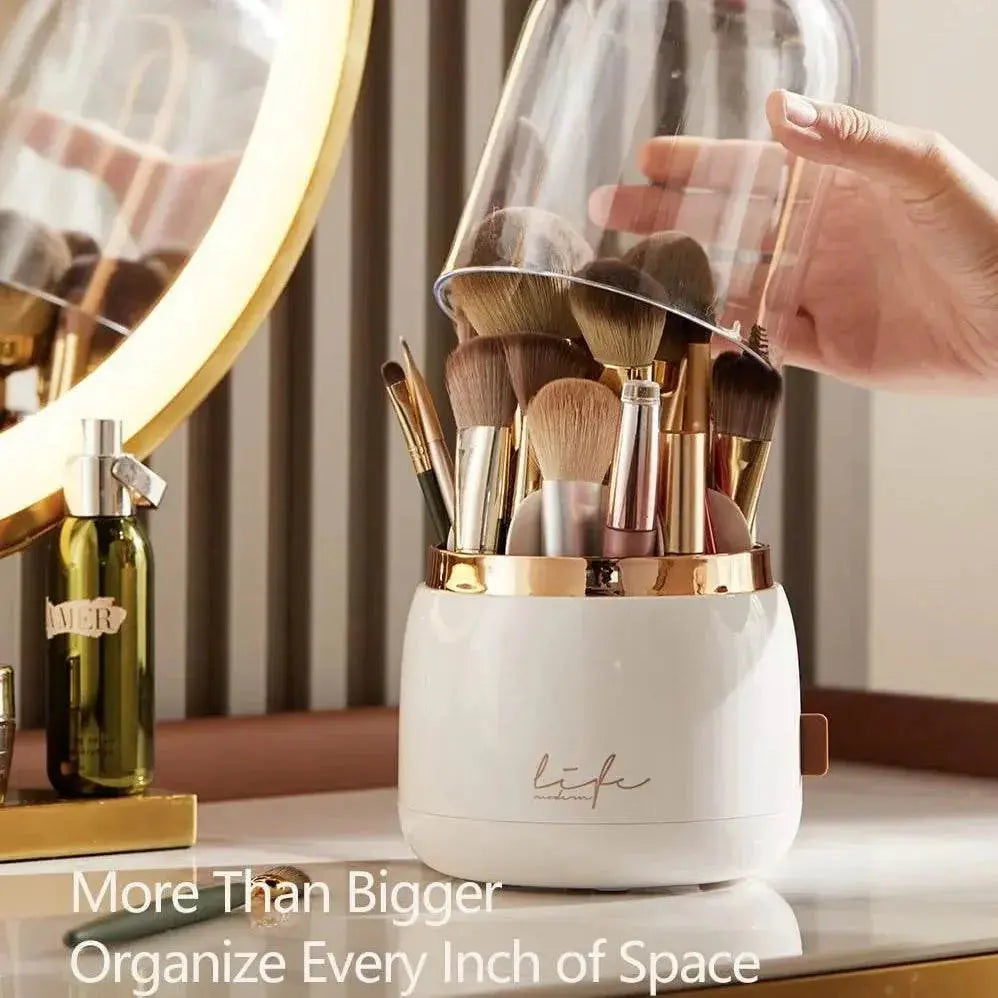 Makeup Brush Holder Organizer with Lid, Rotating Dustproof Make Up Brushes Storage Box for Vanity Desktop Bathroom Countertop - ACHETE LTD