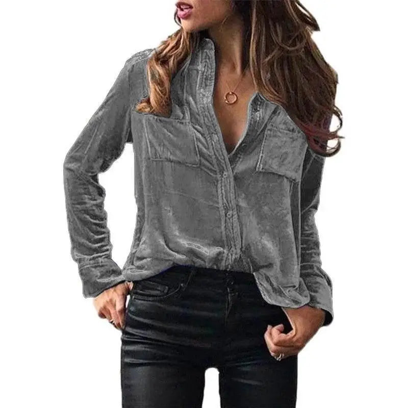 Shirt for Women 2023 Autumn Velvet Shirt Women Button Up Velour Shirt Ladies Pocket Winter Long Sleeve рубашка оверсайз женская - ACHETE LTD