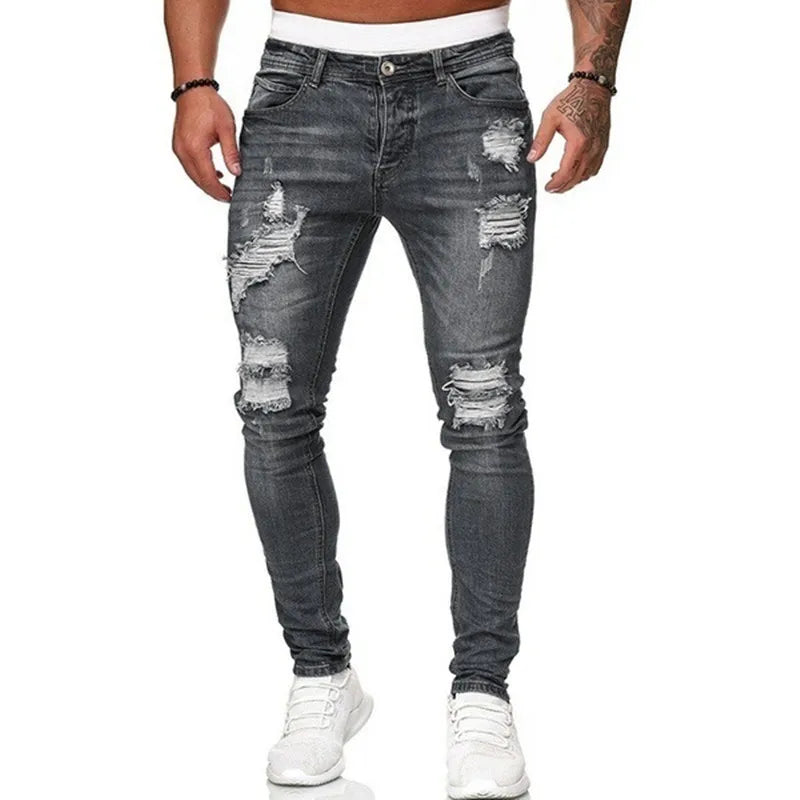 Fashion Street Style Ripped Skinny Jeans Men Vintage wash Solid Denim Trouser Mens Casual Slim fit pencil denim Pants hot sale