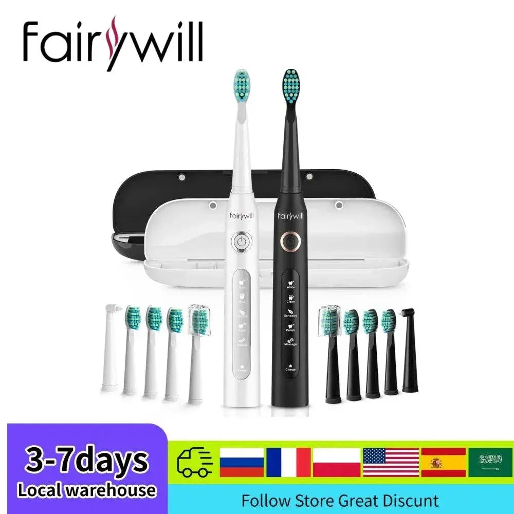Fairywill Sonic Electric Toothbrush Ultra Sonic Fast USB Charger Waterproof IPX7 5-Mode Fairywill FW-507 with 3 Brush Head Gift - ACHETE LTD
