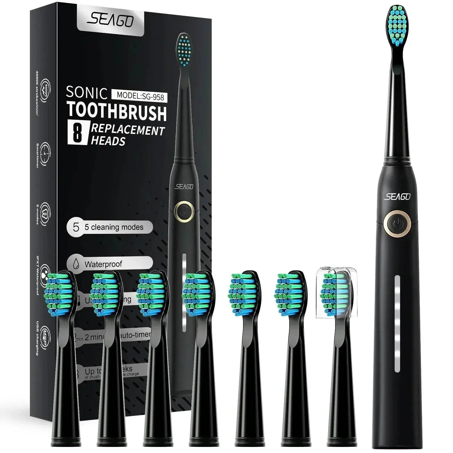 SEAGO Couple Rechargeable Electric Toothbrush Sonic Tooth Brush Travel Box Ultrasonic Replace 8 Brush Heads - ACHETE LTD