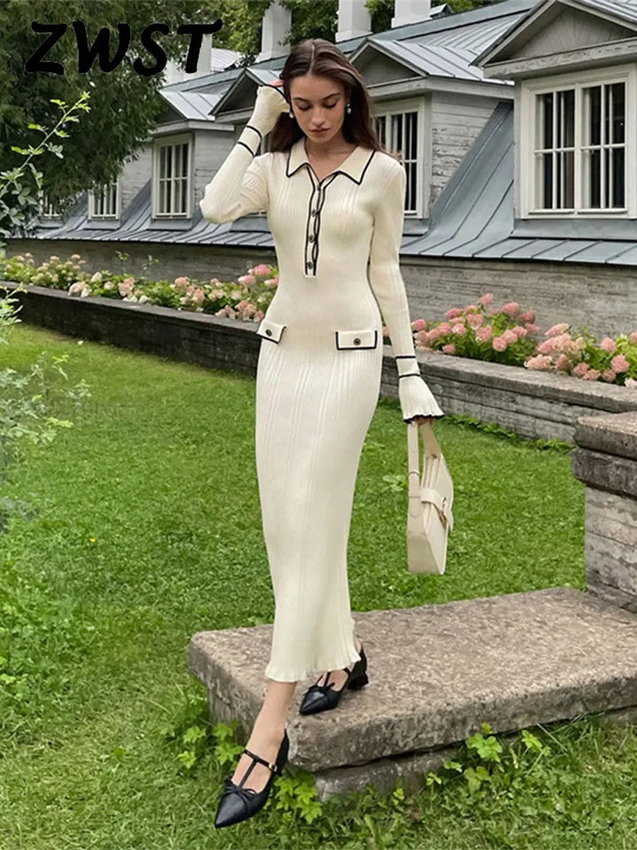 Spring Knitted Dress Women Elegant Flare Sleeve Ruffle Hem French Female Dresses Panelled Single Breasted Polo Collar Lady Robe