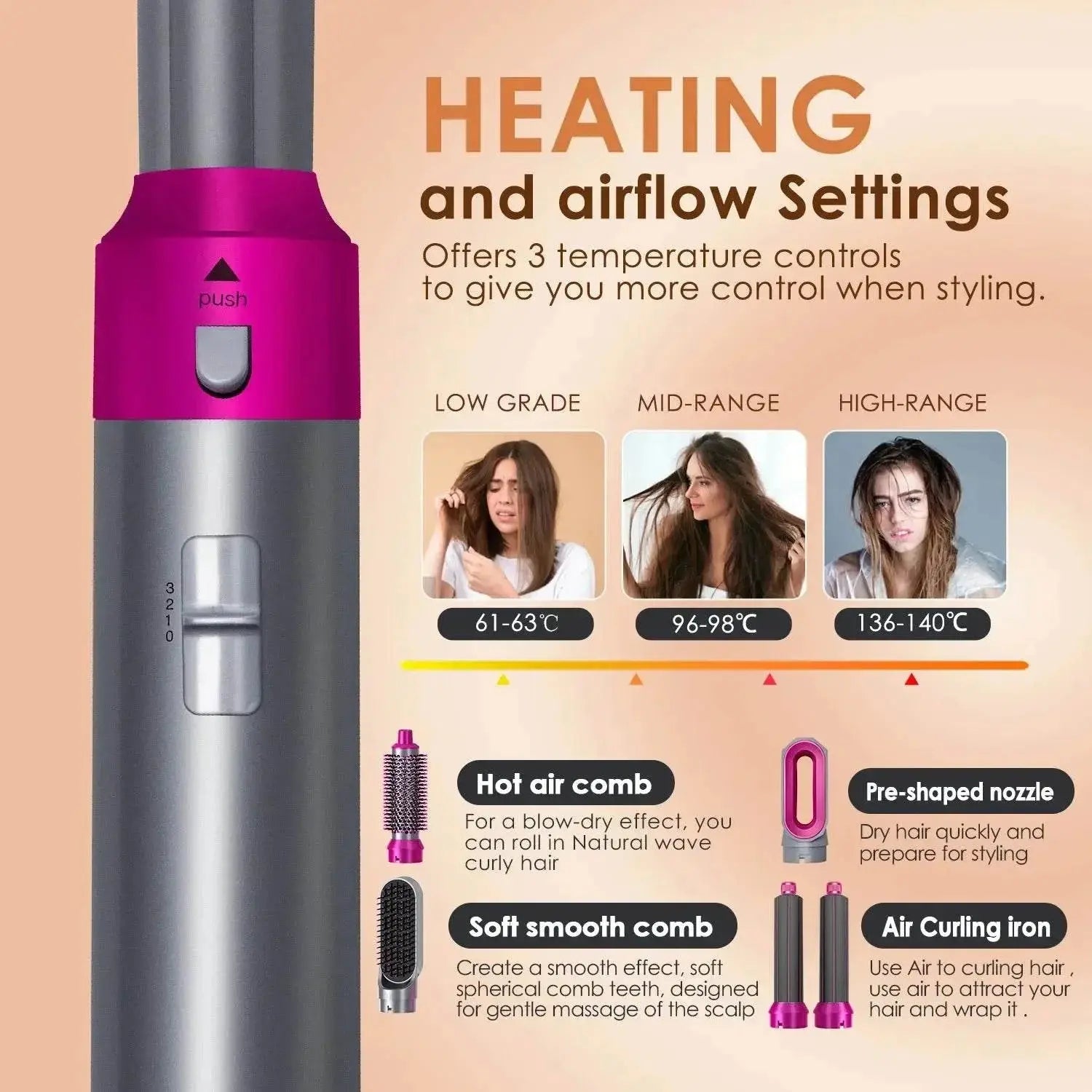 Hair Dryer 5-In-1 Electric Hair Comb Negative Ion Straight Curler Brush Blow Dryer Air Comb Removable Brush Kit Tool - ACHETE LTD