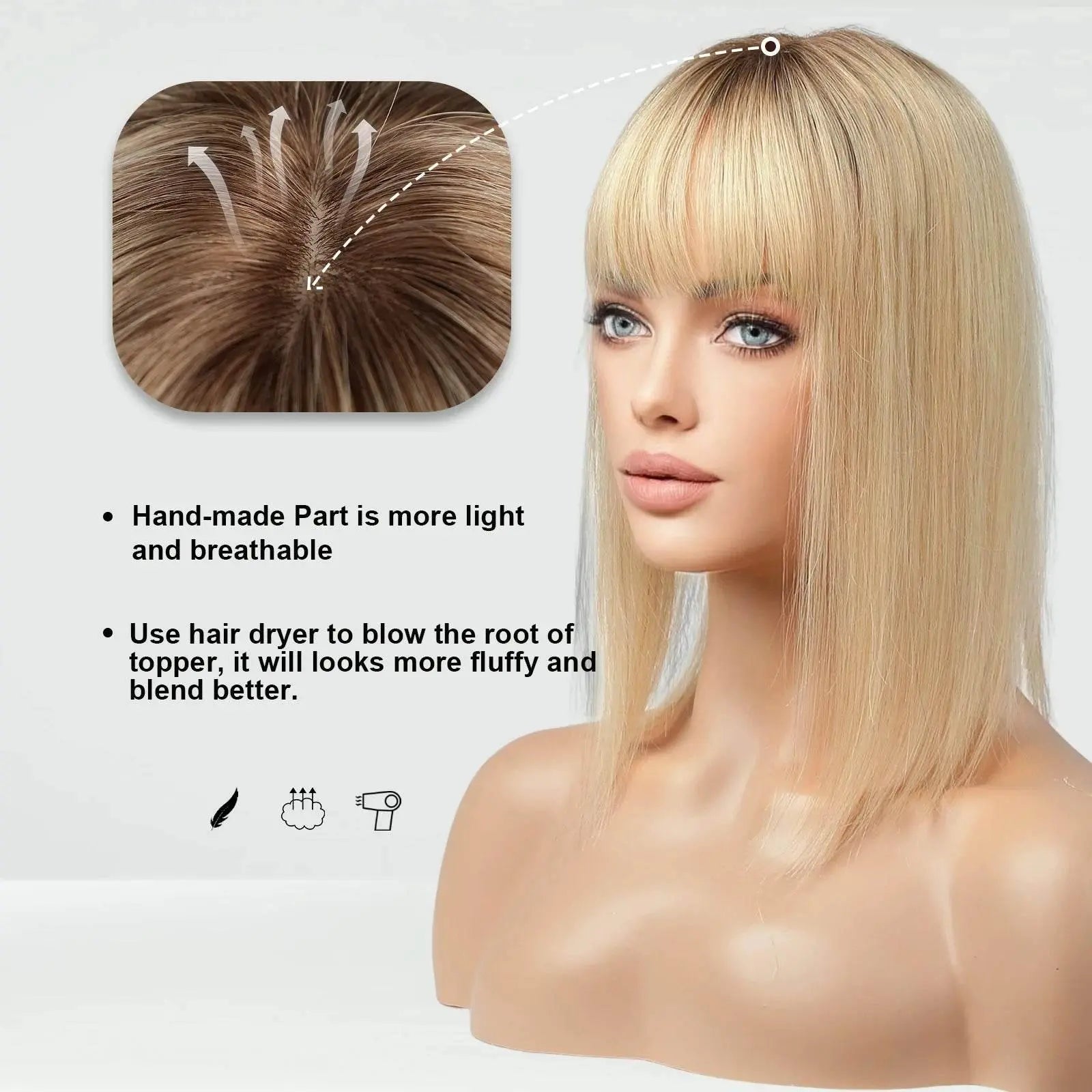 Human Hair Toppers Silk Base Blonde Ombre Dark Root Remy Human Hair Extensions Hairpieces for White Women 10/14 inch Human Hair - ACHETE LTD