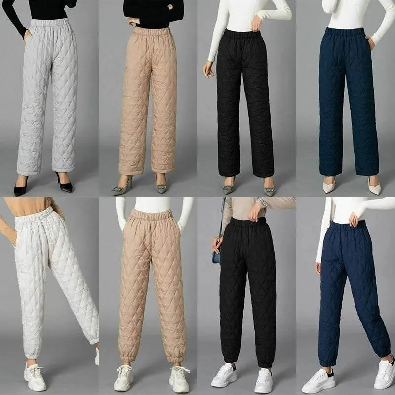 Women Winter Warm Down Cotton Pants Padded Quilted Trousers Elastic Waist Casual Trousers - ACHETE LTD