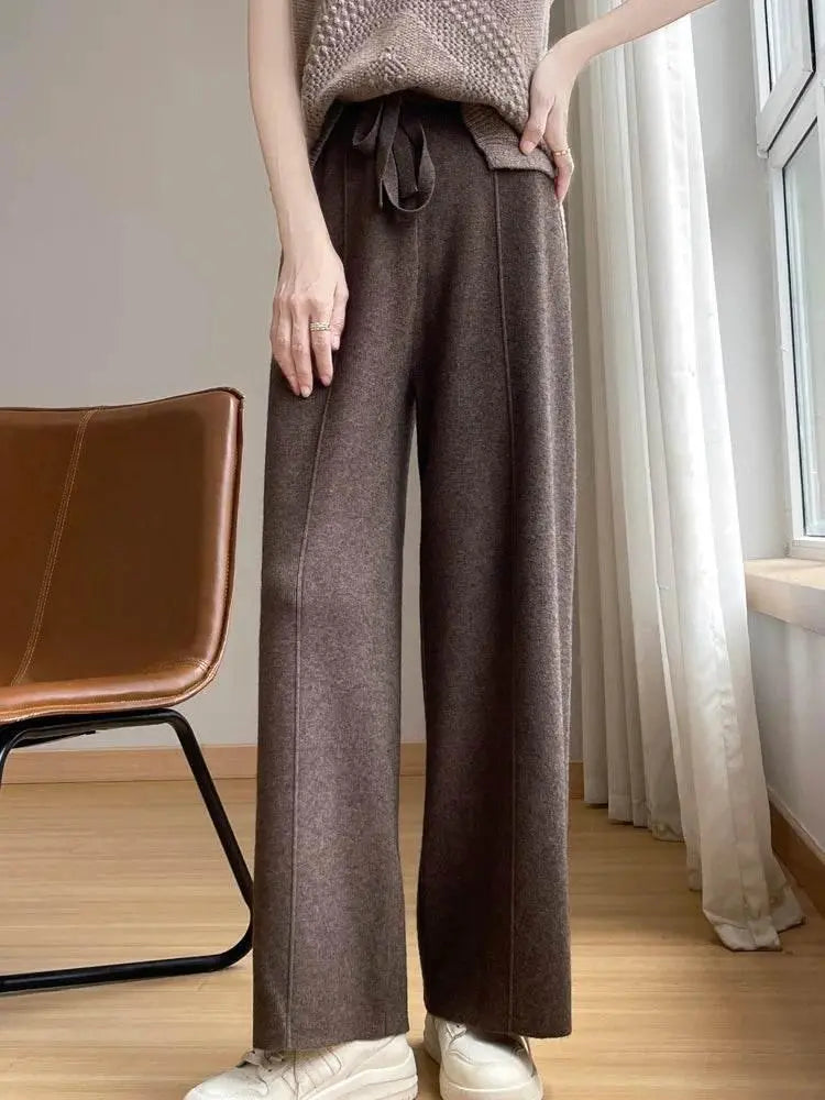 Wide Leg Pants For Women Fashion Leisure Loose High Waist Elastic Solid Color Knitting Trousers Autumn/Winter 2024 New Trousers - ACHETE LTD
