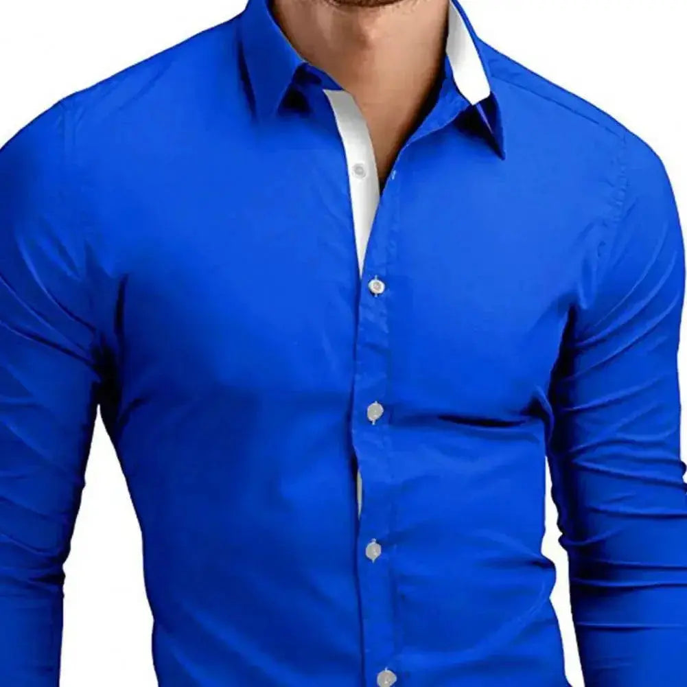 Business Dress Men Shirt Contrast Color Single-breasted Turn-down Collar Bright White Male Shirt for Work - ACHETE LTD