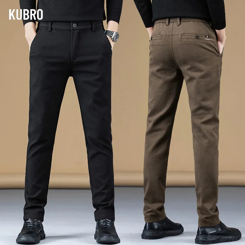 KUBRO Autumn Winter New Soft Cotton Fabric Casual Pants Men Thick Business Slim Fit Brand Clothing Korea Fashion Trousers Male