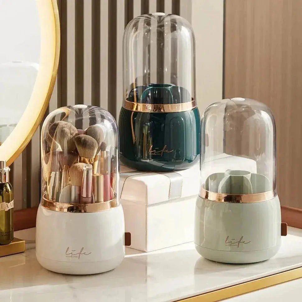 Makeup Brush Holder Organizer with Lid, Rotating Dustproof Make Up Brushes Storage Box for Vanity Desktop Bathroom Countertop - ACHETE LTD