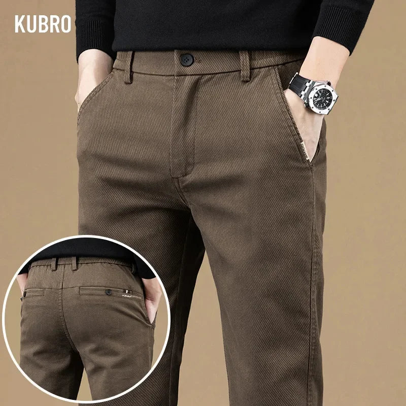 KUBRO Autumn Winter New Soft Cotton Fabric Casual Pants Men Thick Business Slim Fit Brand Clothing Korea Fashion Trousers Male