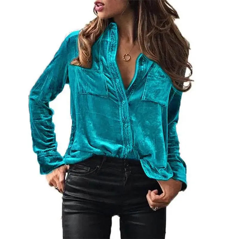 Shirt for Women 2023 Autumn Velvet Shirt Women Button Up Velour Shirt Ladies Pocket Winter Long Sleeve рубашка оверсайз женская - ACHETE LTD