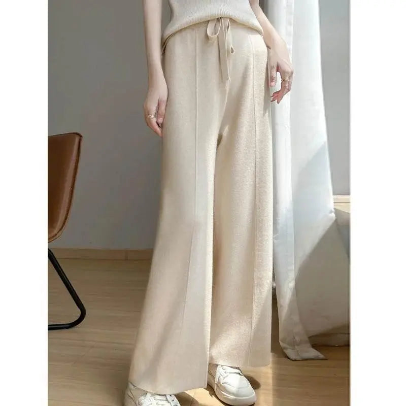 Wide Leg Pants For Women Fashion Leisure Loose High Waist Elastic Solid Color Knitting Trousers Autumn/Winter 2024 New Trousers - ACHETE LTD