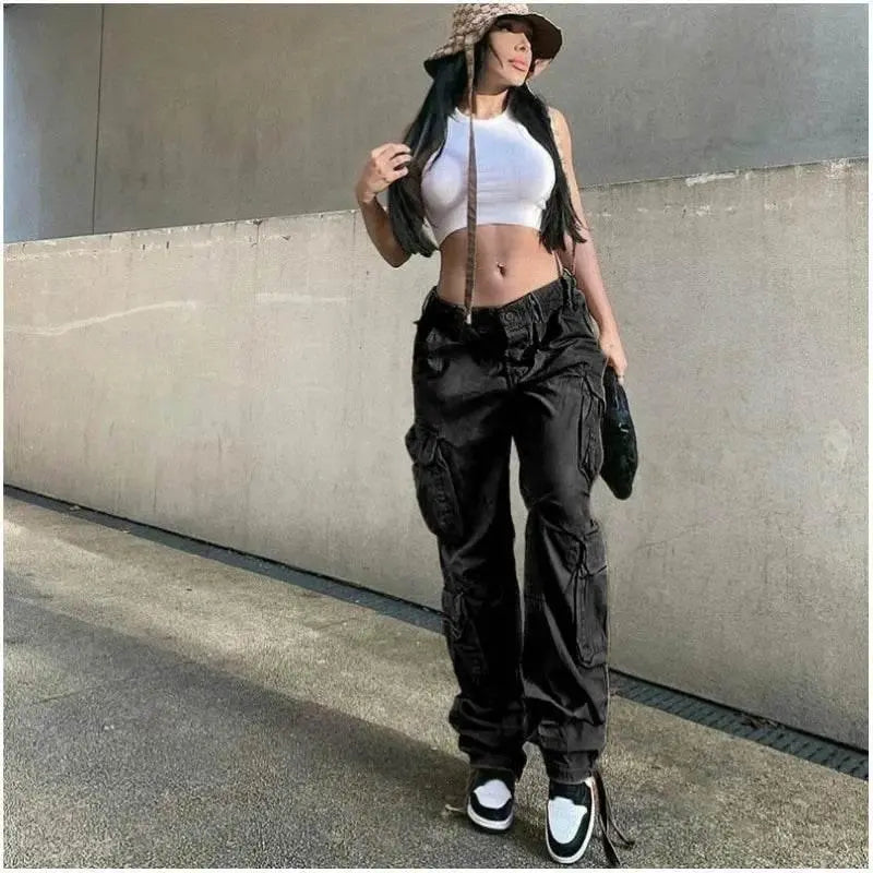 Autumn/Winter New Womens Cargo Straight Trousers High Waist Loose Wide Leg Vintage Dad Jeans for Women - ACHETE LTD