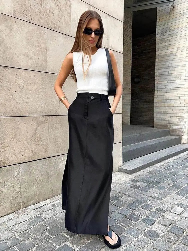 Mnealways18 Black Loose Long Skirts Women A-Line Zip Skirts Ladies Elegant Summer Skirts Female With Pocket Ankle-Length Skirts - ACHETE LTD