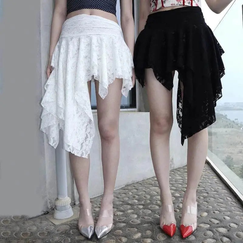 Rapcopter Y2K Lace Pleated Skirts Asymmetrical Vintage Lace Holiday Skirts Women Korean Grunge Aesthteic Skirts Fashion Clothes - ACHETE LTD