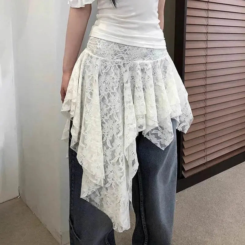 Rapcopter Y2K Lace Pleated Skirts Asymmetrical Vintage Lace Holiday Skirts Women Korean Grunge Aesthteic Skirts Fashion Clothes - ACHETE LTD