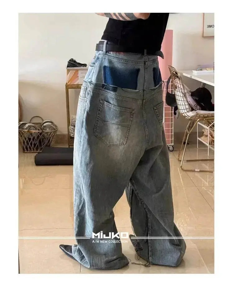 MIJKO Men's Women's Cotton Casual Blue Loose Straight Jean CUT-UP Pants - ACHETE LTD