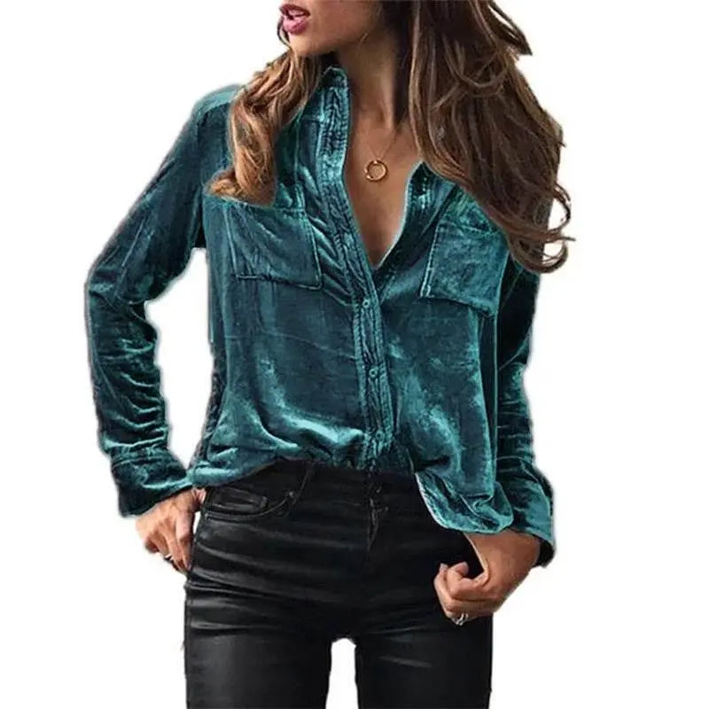 Shirt for Women 2023 Autumn Velvet Shirt Women Button Up Velour Shirt Ladies Pocket Winter Long Sleeve рубашка оверсайз женская - ACHETE LTD