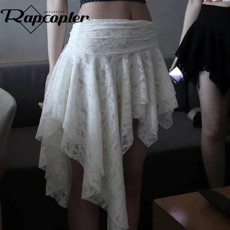 Rapcopter Y2K Lace Pleated Skirts Asymmetrical Vintage Lace Holiday Skirts Women Korean Grunge Aesthteic Skirts Fashion Clothes - ACHETE LTD